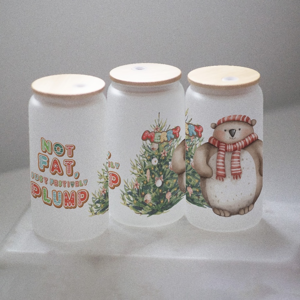 Christmas Cute Character Glasses cup 16 oz glass cup with Straw & Bamboo Lid.